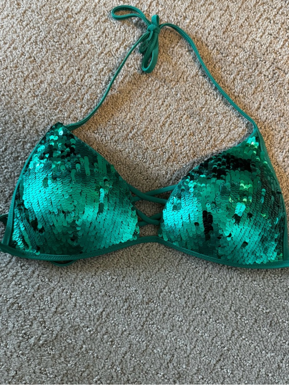 Green Sequin Triangle Bikini Top